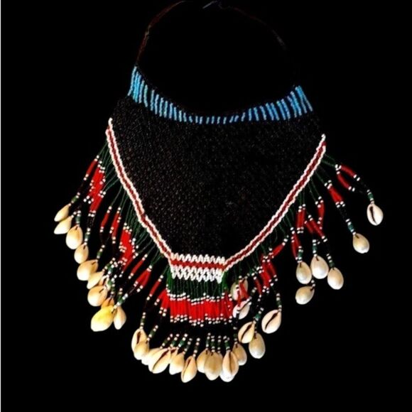 Vintage 60’s tie beaded dance skirt necklace or wall hanging cowrie shell bead - Picture 1 of 14